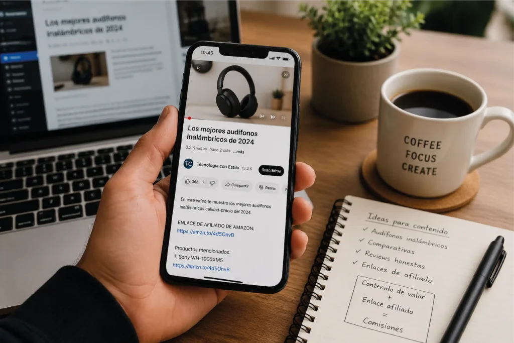 celular con video de youtube con un enlace de afiliado amazon